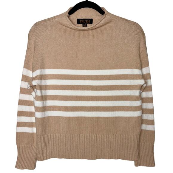 Truth by Republic Mock Neck Sweater Tan and white stripes Women's XS pullover - Picture 1 of 16